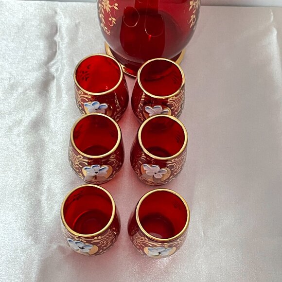 Vintage Venetian Glass Decanter 6 Glasses Set Red Gold - Picture 4 of 8